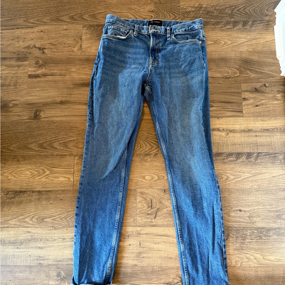 Medium Blue Slim Straight Jeans with Stonewash Finish